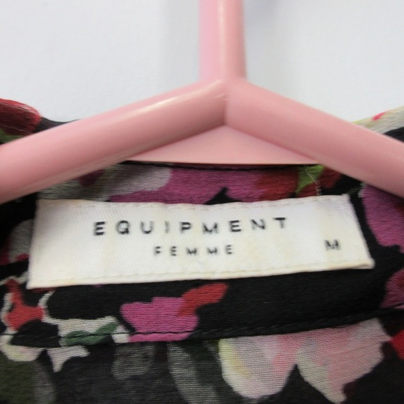 Equipment Femme 100% Silk Blouse M Black Floral Sheer Button Down Office 114 - Picture 3 of 14